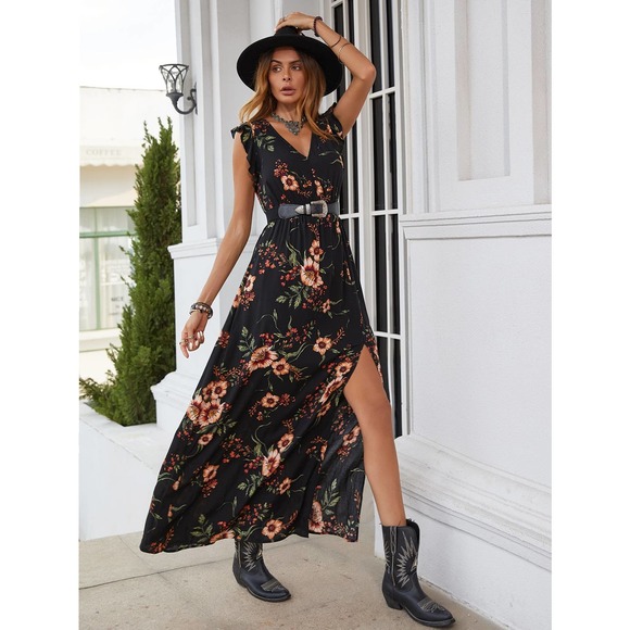 boho Floral Print Ruffle Trim Slit Thigh maxi Dress (Without Belt) - Picture 1 of 11